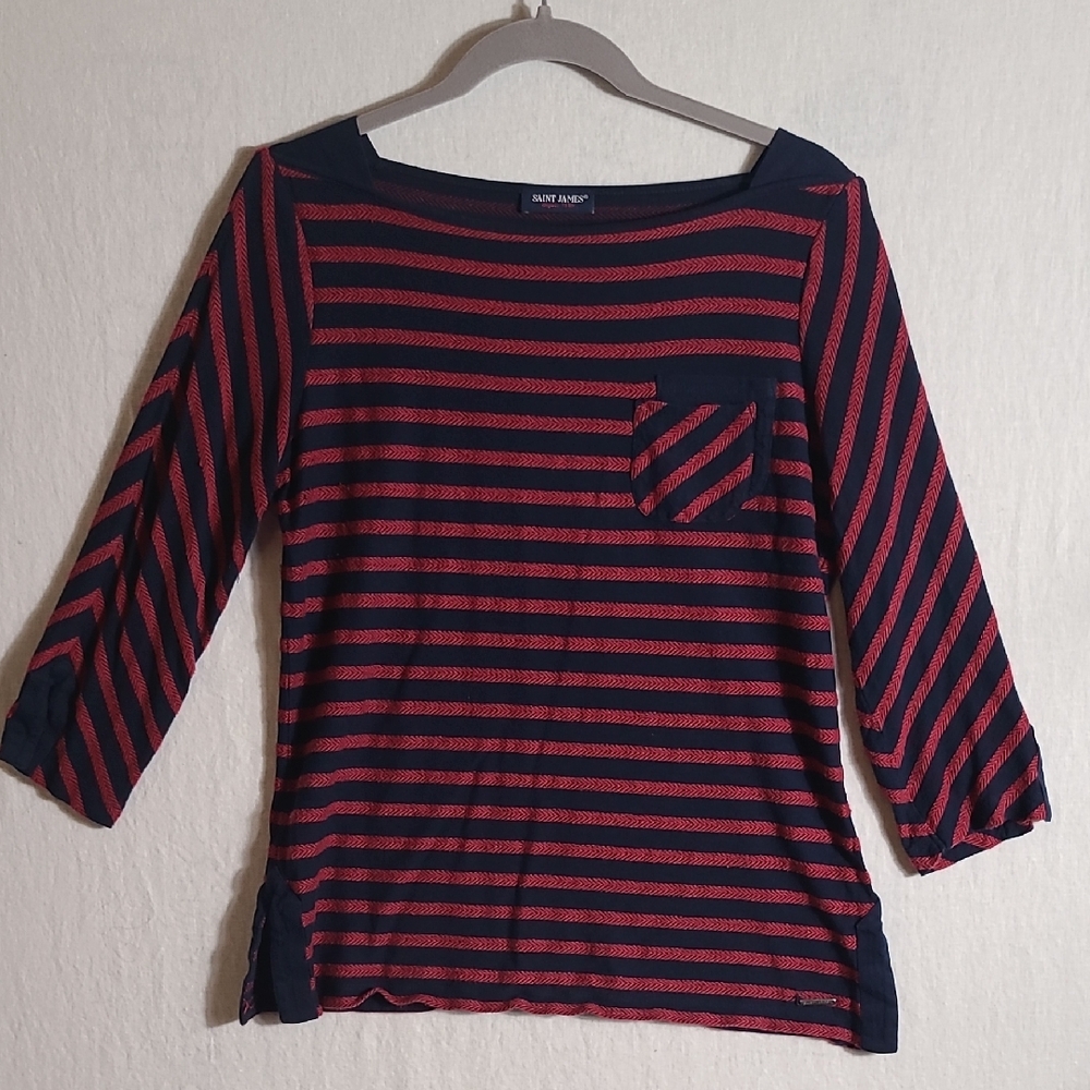 Saint James Navy and Red Boat Neck Striped Shirt Size 8